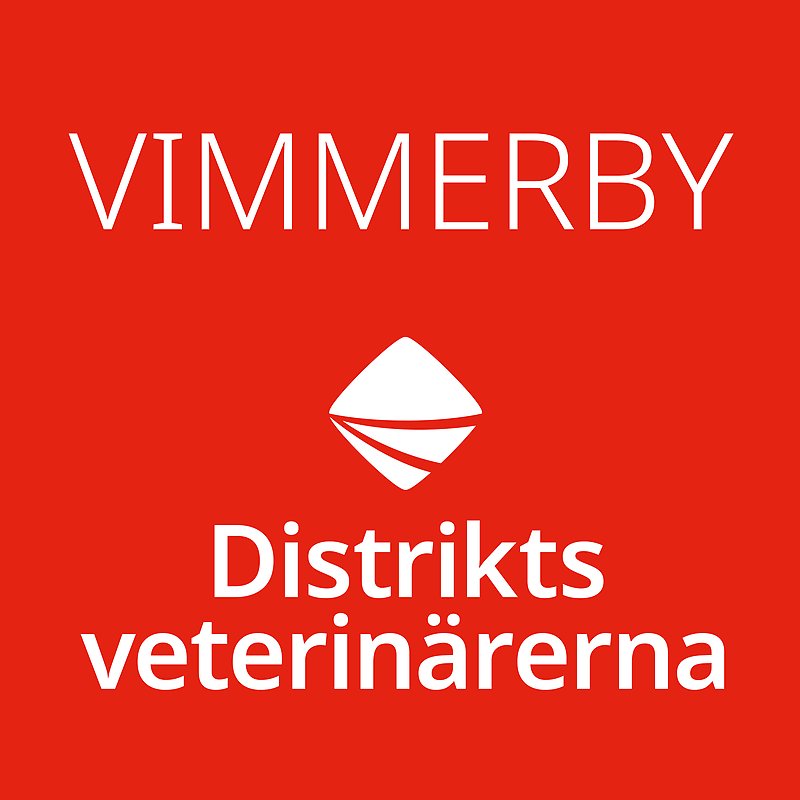 Bild med röd bakgrund och vit ram med Distriktsveterinärernas logo och texten Vimmerby centrerat i mitten. 