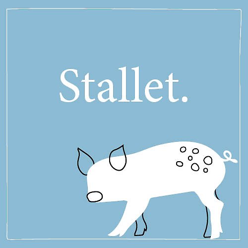 Illustrerad bild med blå bakgrund och en tecknad gris samt texten "Stallet".