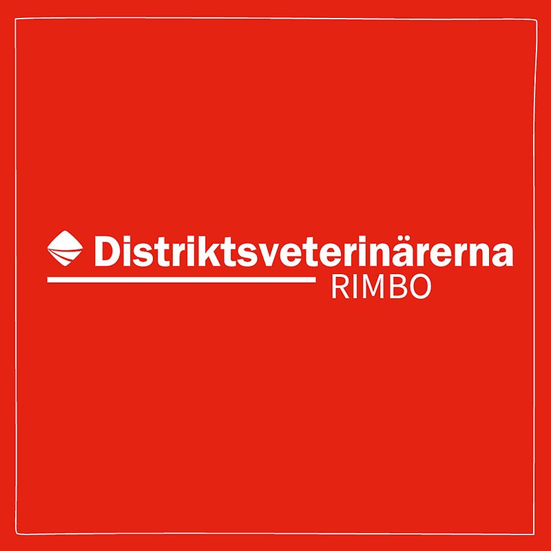 Bild med röd bakgrund och vit ram med Distriktsveterinärernas logo och texten Rimbo centrerat i mitten. 