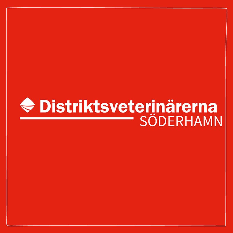 Bild med röd bakgrund och vit ram med Distriktsveterinärernas logo och texten Söderhamn centrerat i mitten. 