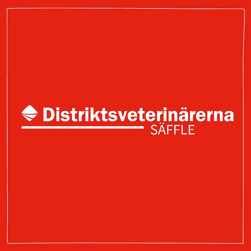 Bild med röd bakgrund och vit ram med Distriktsveterinärernas logo och texten Säffle centrerat i mitten. 