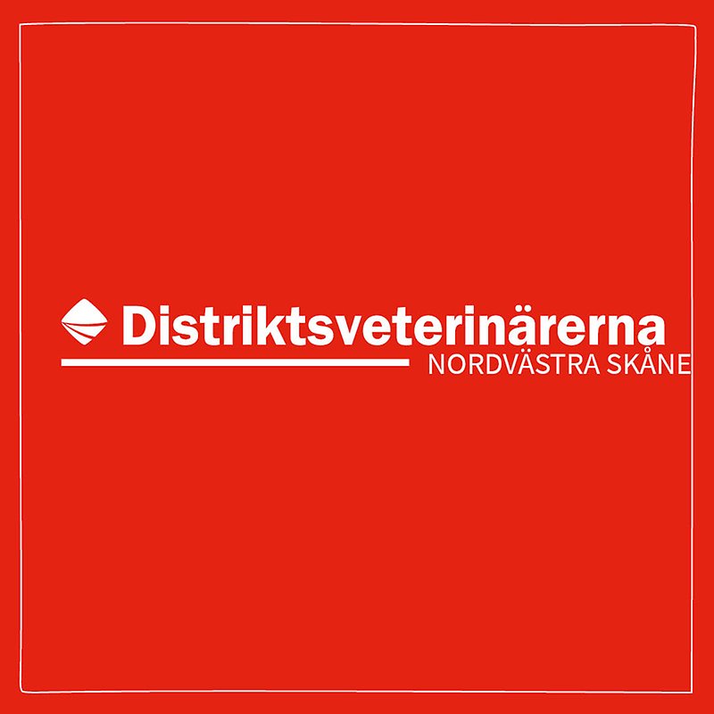 Bild med röd bakgrund och vit ram med Distriktsveterinärernas logo och texten Nordvästra Skåne centrerat i mitten. 