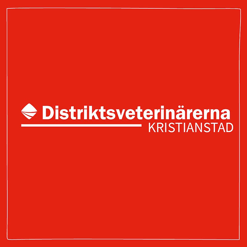 Bild med röd bakgrund och vit ram med Distriktsveterinärernas logo och texten Kristianstad centrerat i mitten. 