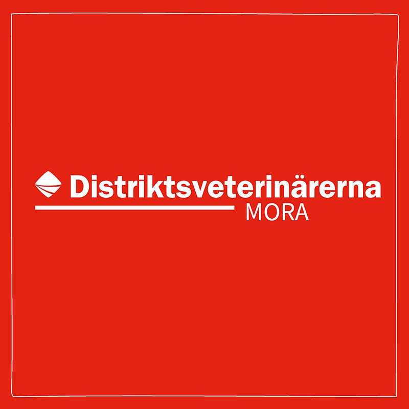 En röd bakgrund och vit ram med Distriktsveterinärernas logo och texten Mora centrerat i mitten. 