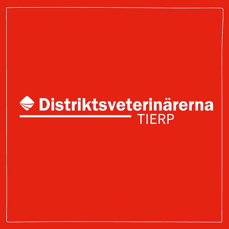 Bild med röd bakgrund och vit ram med Distriktsveterinärernas logo och texten Tierp centrerat i mitten. 