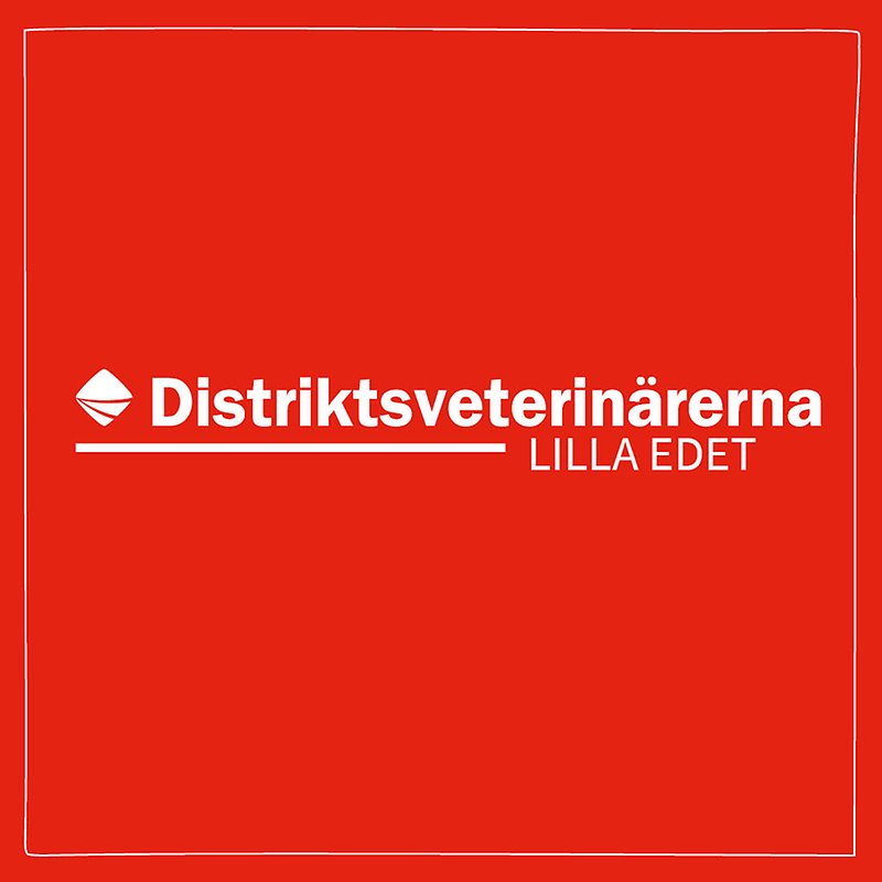 Bild med röd bakgrund och vit ram med Distriktsveterinärernas logo och texten Lilla Edet centrerat i mitten. 
