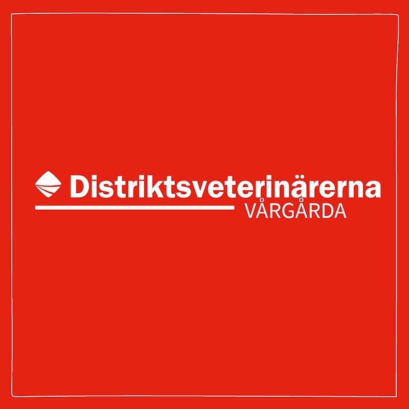 Bild med röd bakgrund och vit ram med Distriktsveterinärernas logo och texten Vårgårda centrerat i mitten. 