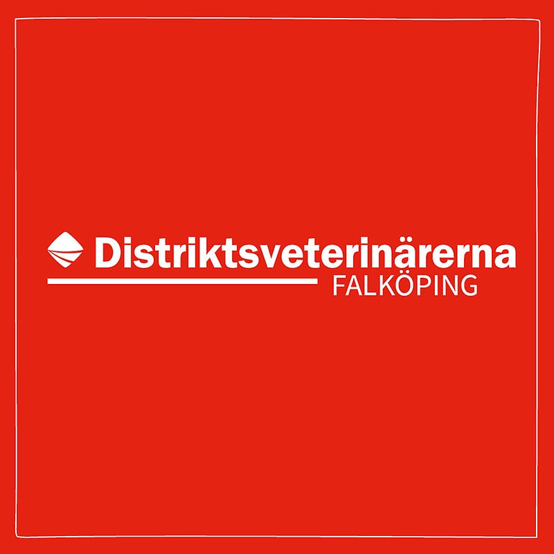 Bild med röd bakgrund och vit ram med Distriktsveterinärernas logo och texten Falköping centrerat i mitten. 